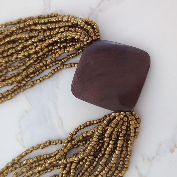 Gold Beaded Necklace with Brown Pendant - Picture 4 of 4